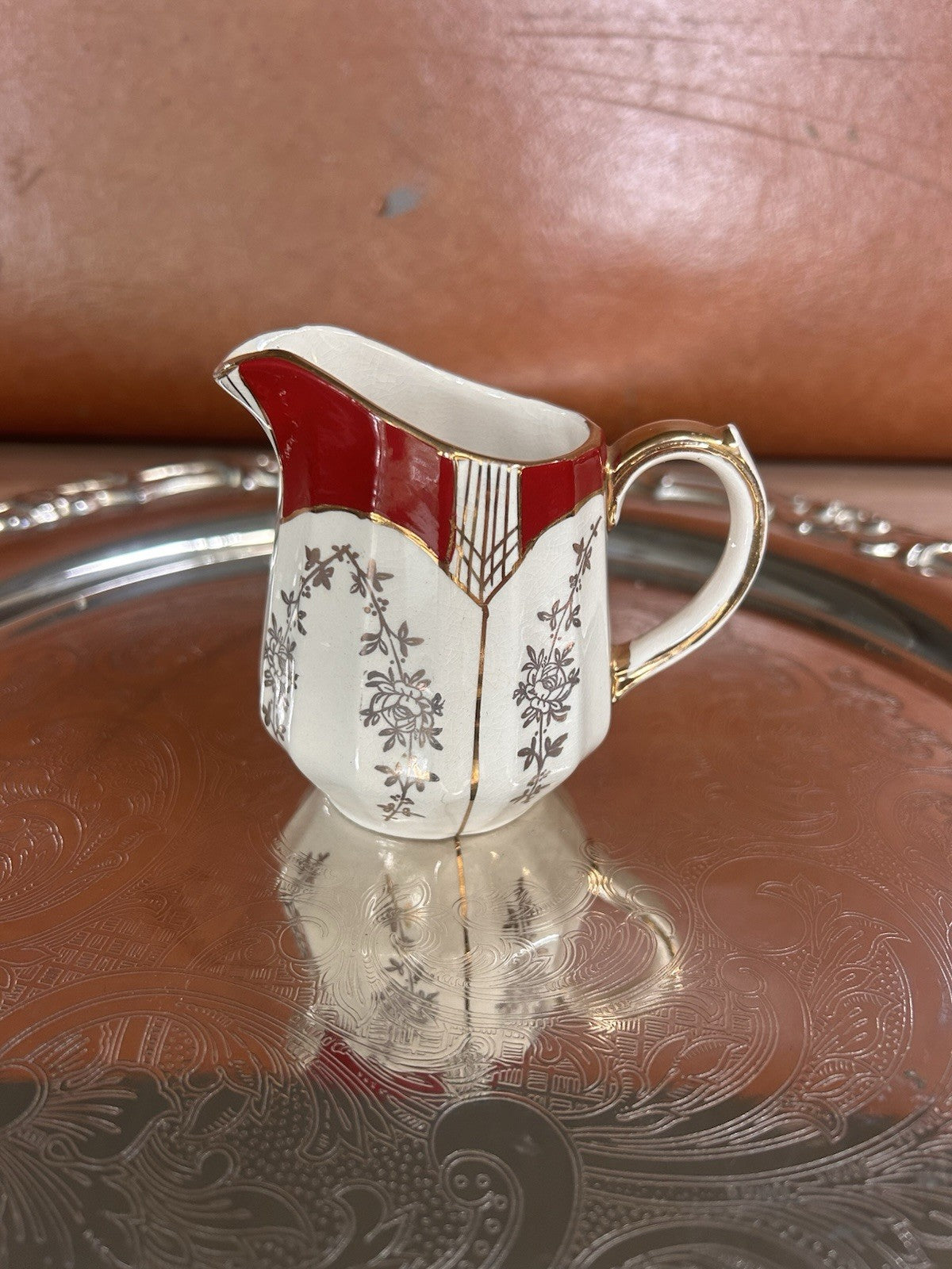 Sadler England Small Cream Jug Red & Gold Floral Art Deco Style 8cm Pottery