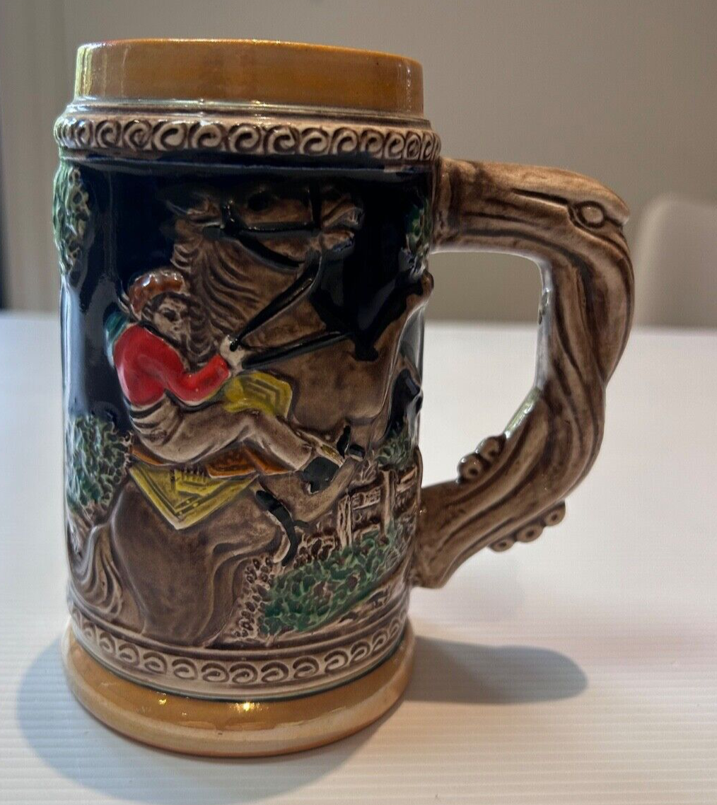 Vintage Japanese Beer Stein - Painted Relief Design - Equestrian Hunting Scene