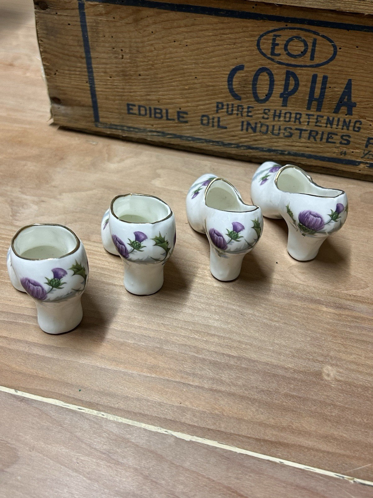 Set of 4 English Bone China Shoe Vases – Thistle Design, Vintage Collectible