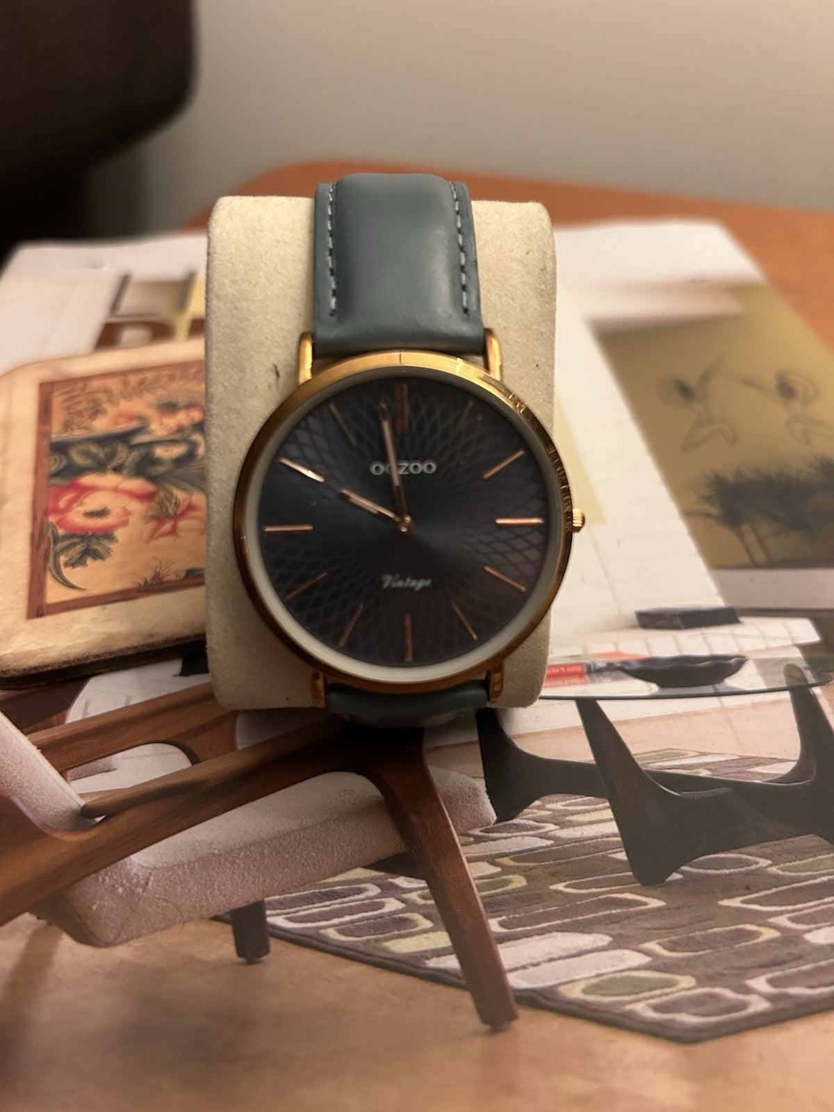 OOZOO Vintage Rose Gold Watch Blue Dial Leather Strap New Battery