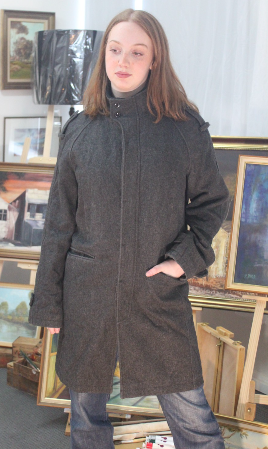 Firetrap Womens Charcoal Grey Military Style Coat High Collar Button Detail