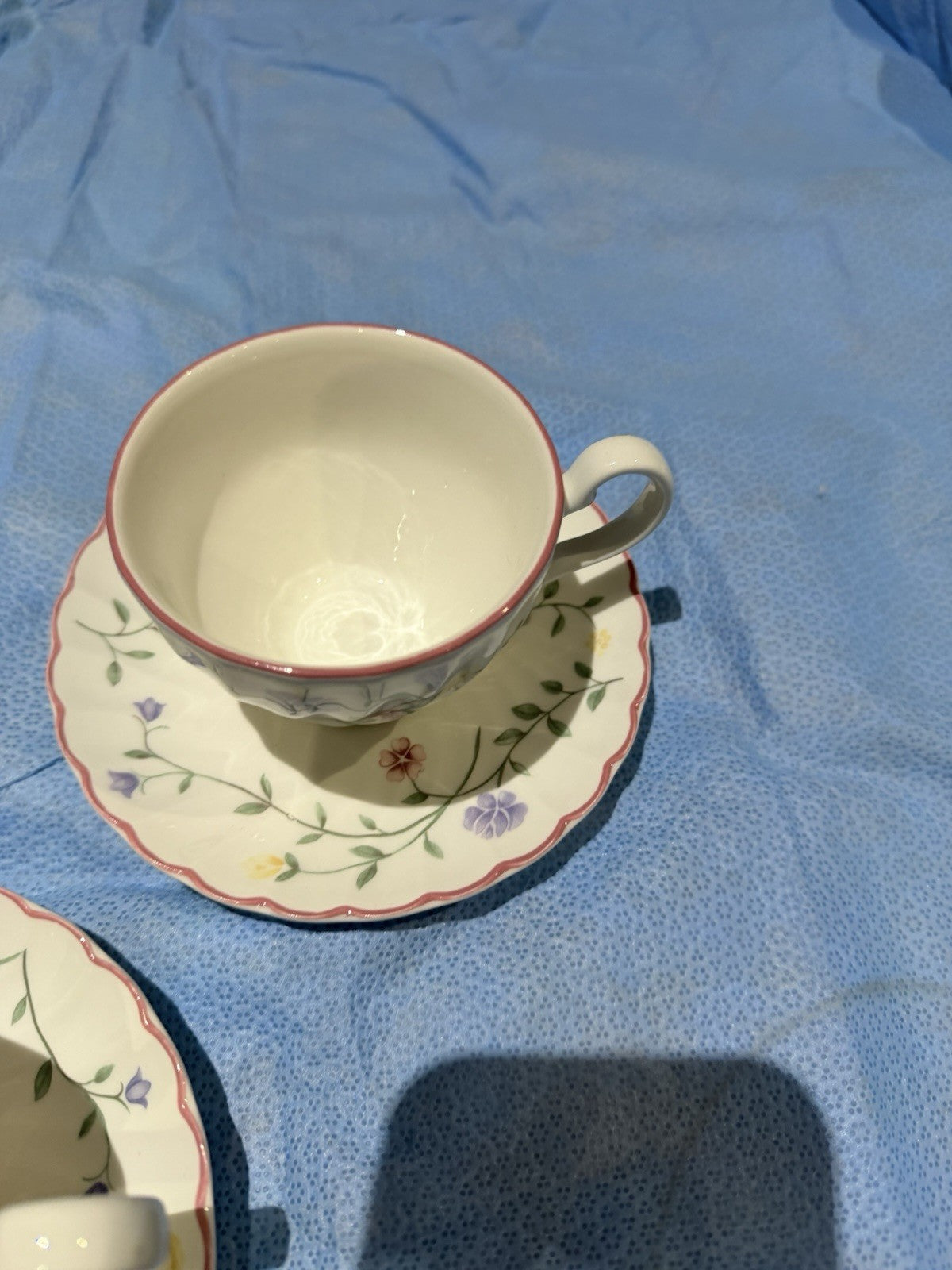 Johnson Brothers Tea Cups Saucers Set 5 Floral Pink Trim England Vintage