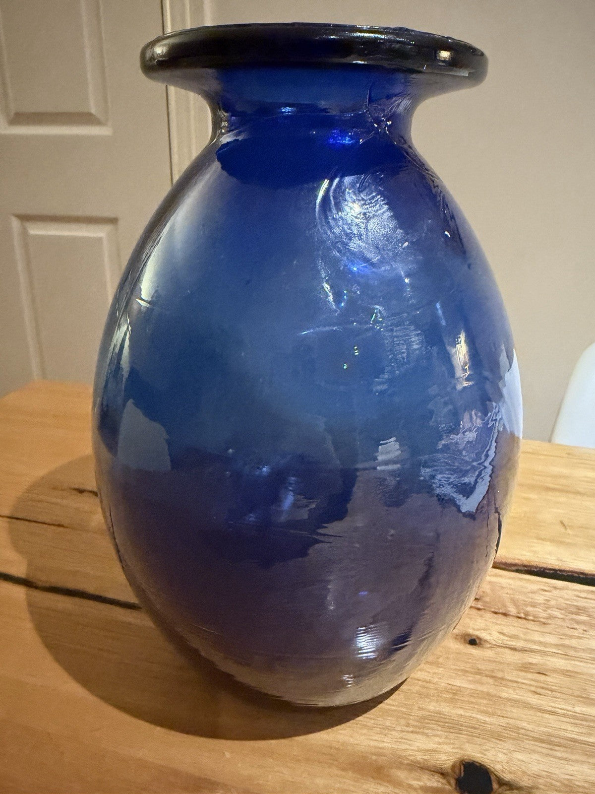 Vintage Cobalt Blue Hand Blown Art Glass Vase Heavy 2.54kg 25cm Rolled Rim