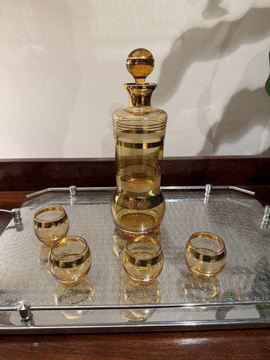 Bohemia Glass Amber Decanter Set Czech Glass Gold Band Barware MCM