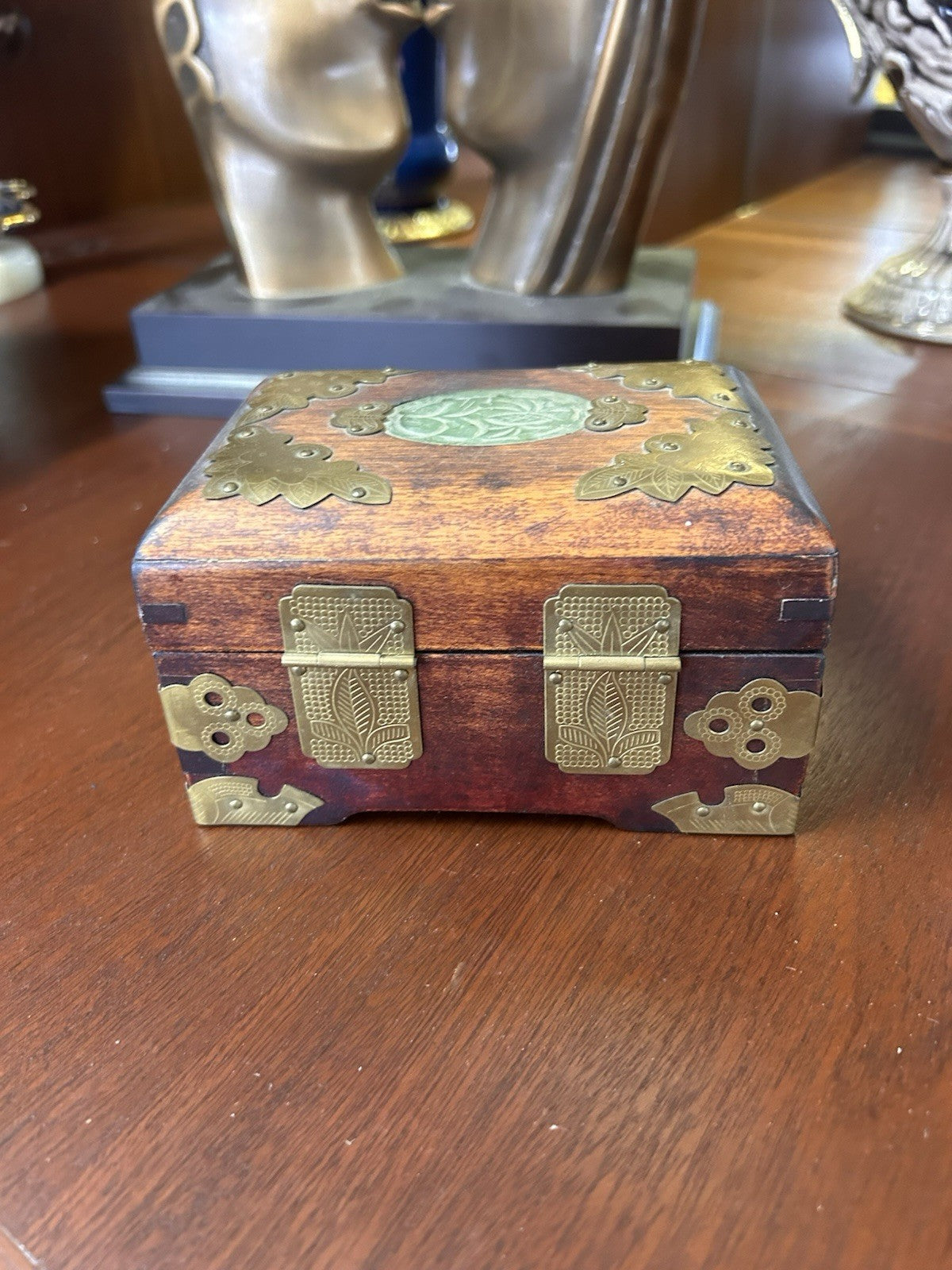 Vintage Wooden Jewellery Box Brass Mounts Red Silk Lined Asian Style