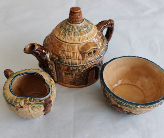 Vintage Cottage Ware Tea Set – Figural Teapot, Sugar Bowl & Creamer