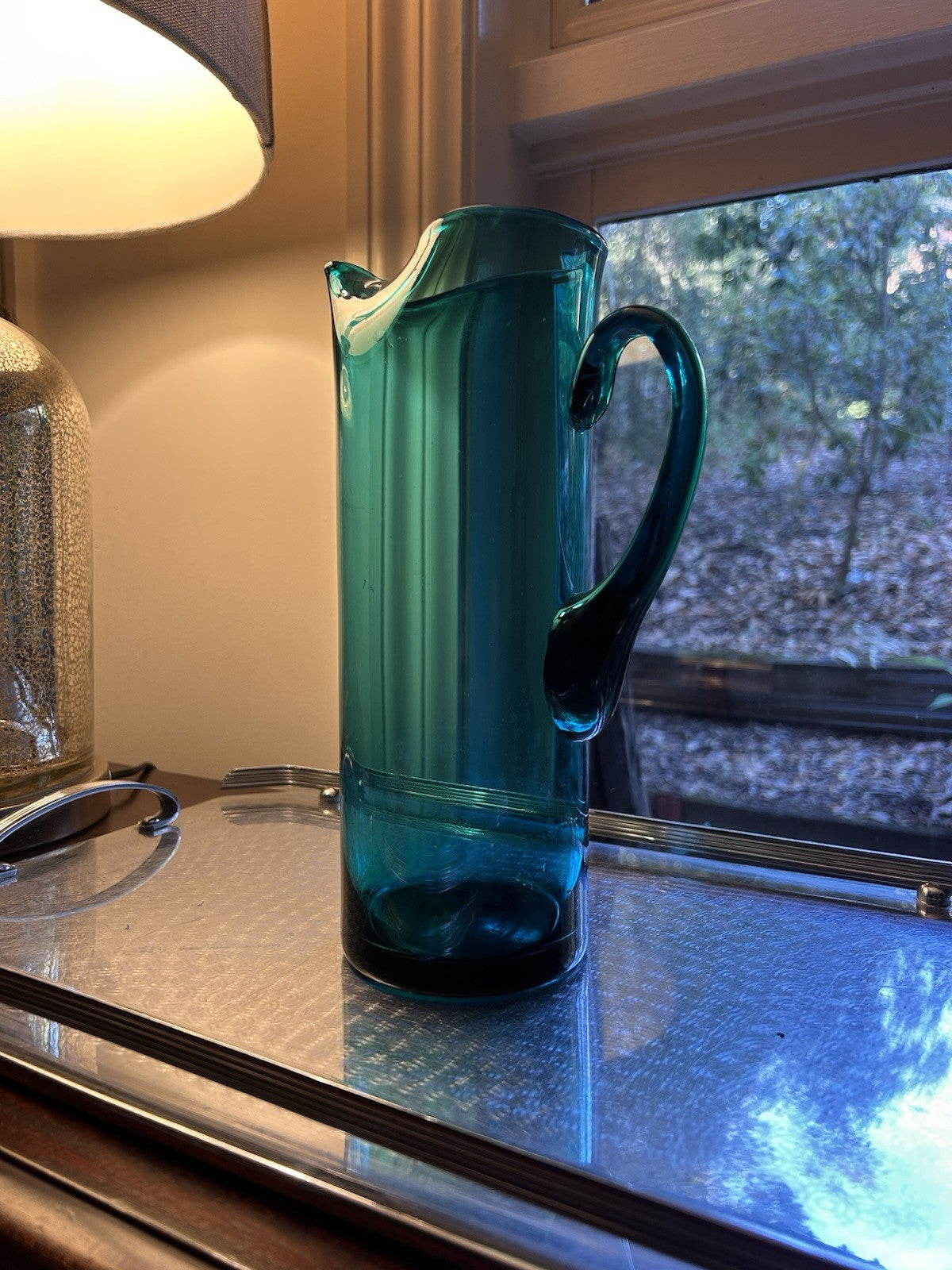 Vintage Scandinavian Teal Art Glass Pitcher 27cm Mid Century c1970 