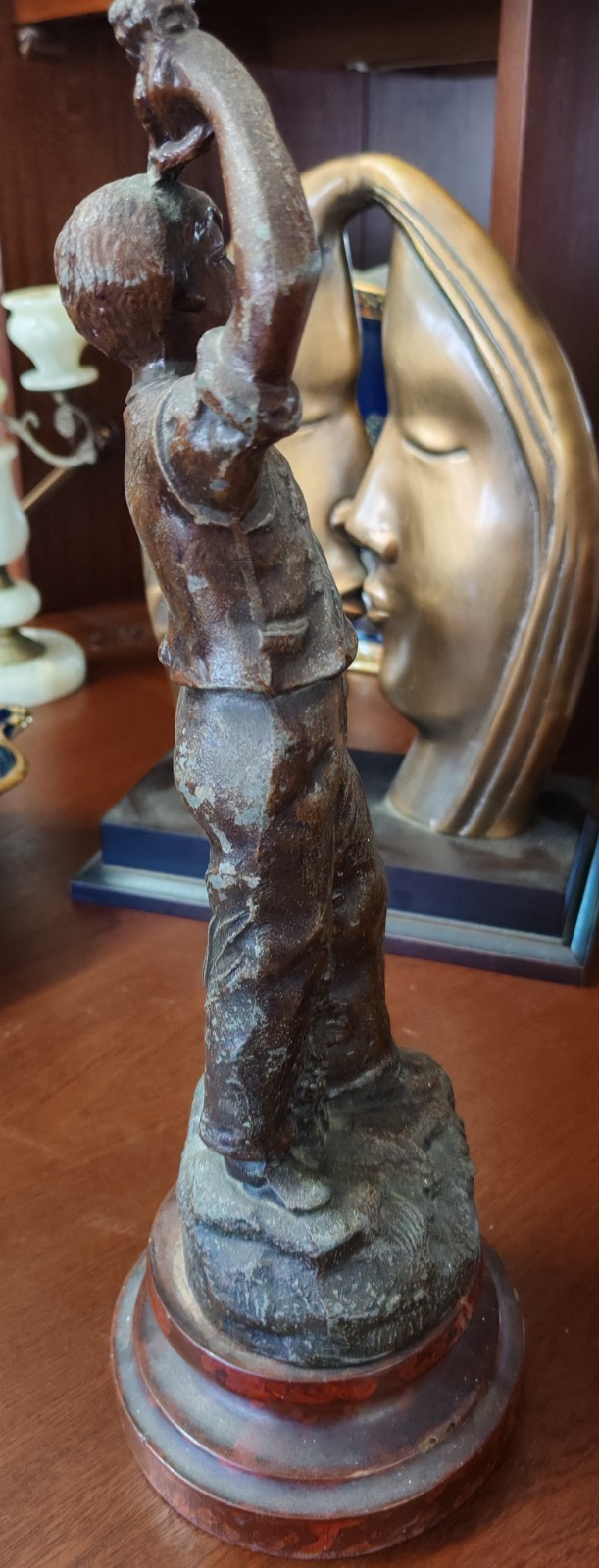 Vintage Figural Spelter Statue – Young Grape Harvester on Marble Base