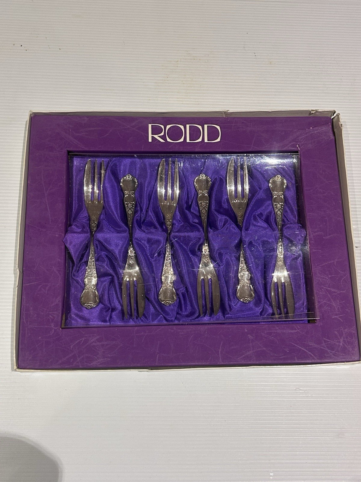 Vintage RODD Camille Silver Plate Dessert Pastry Cake Forks Set of 6 Boxed