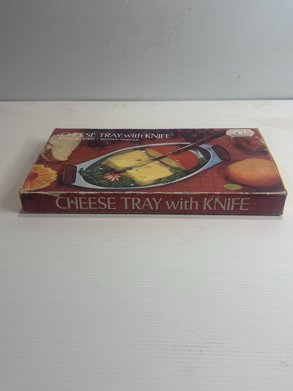 Vintage Cheese Tray & Knife Set Boxed Stainless Steel Wooden Handles Retro