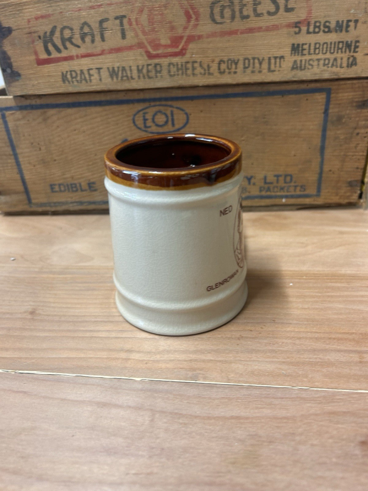 Ned Kelly Mug Glenrowan Victoria 1980s Pottery Brown Rim Gaol Quote