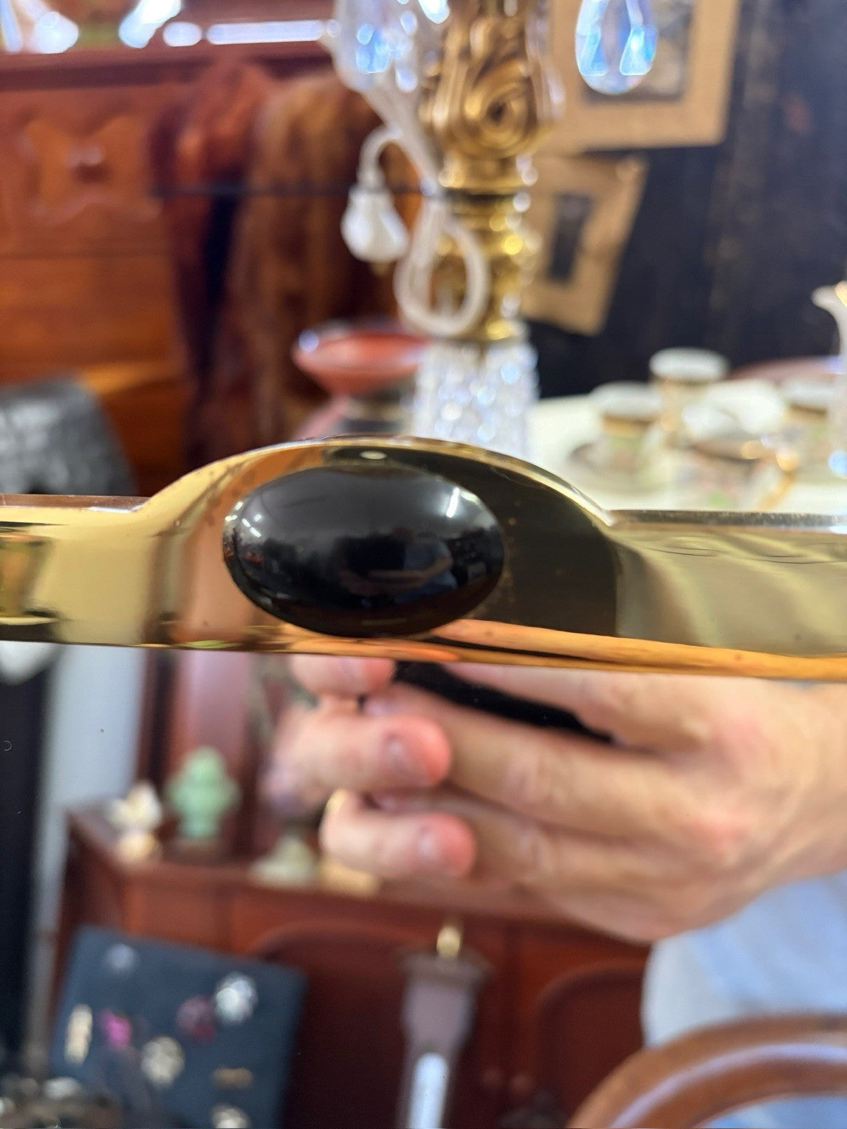 Vintage Les Must de Cartier Brass Vanity Mirror 1970s Black Cabochon France