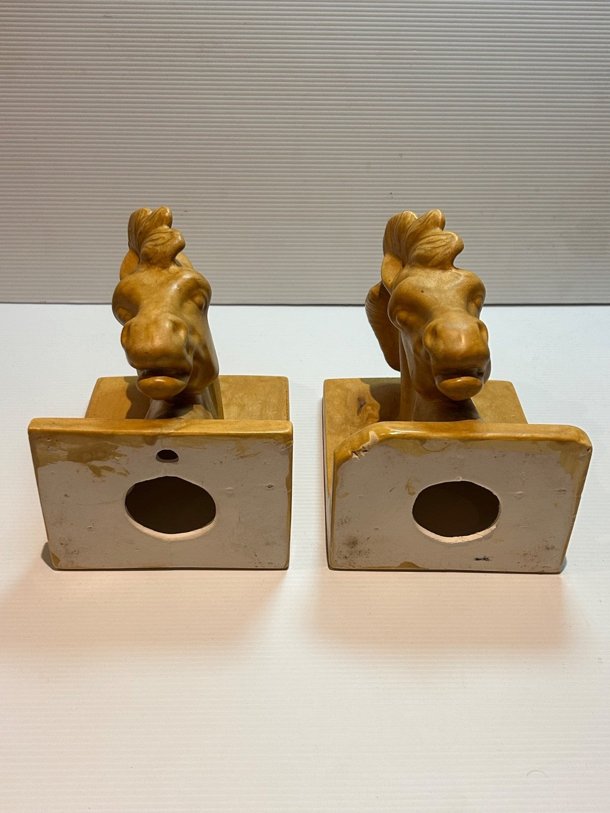 Vintage Horse Head Ceramic Bookends Signed Rosemarie 1987 Tan Glaze 15cm