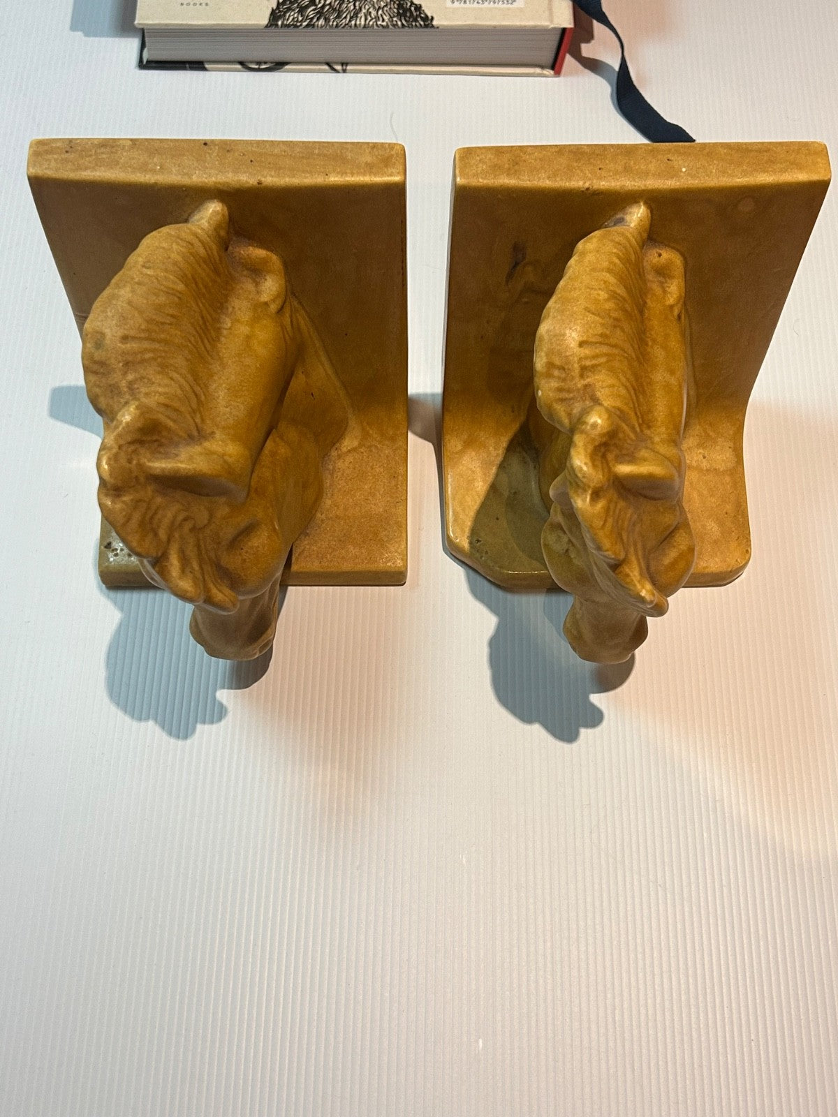 Vintage Horse Head Ceramic Bookends Signed Rosemarie 1987 Tan Glaze 15cm
