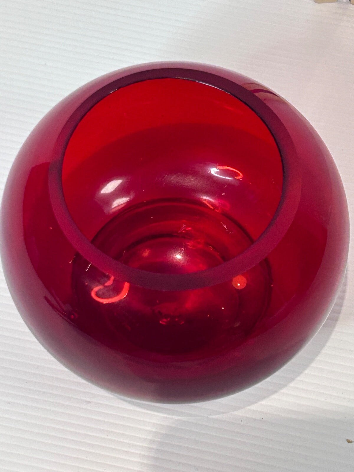 Polish Art Glass Vase  Red Cased Bowl on Clear Bubble Base – Krosno Style  1990s