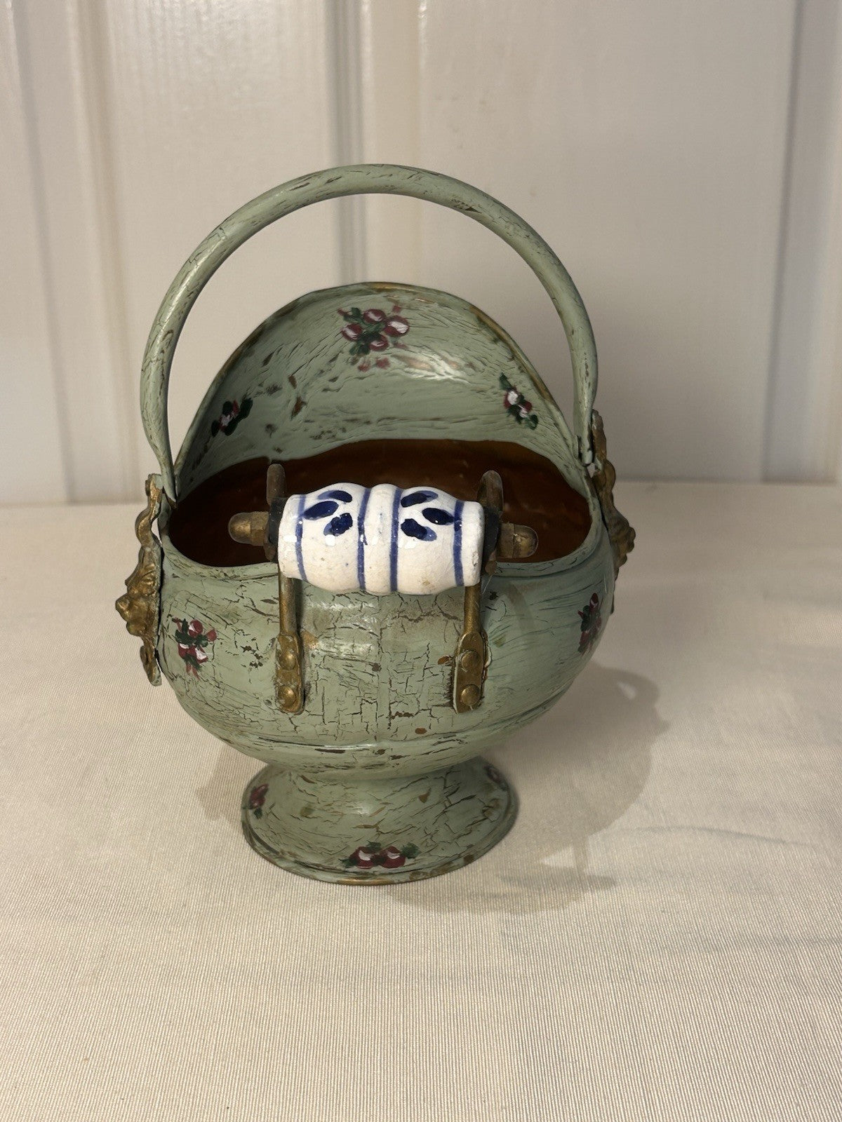 Vintage Hand-Painted Toleware Teapot & Coal Scuttle Set – Green Floral Metal
