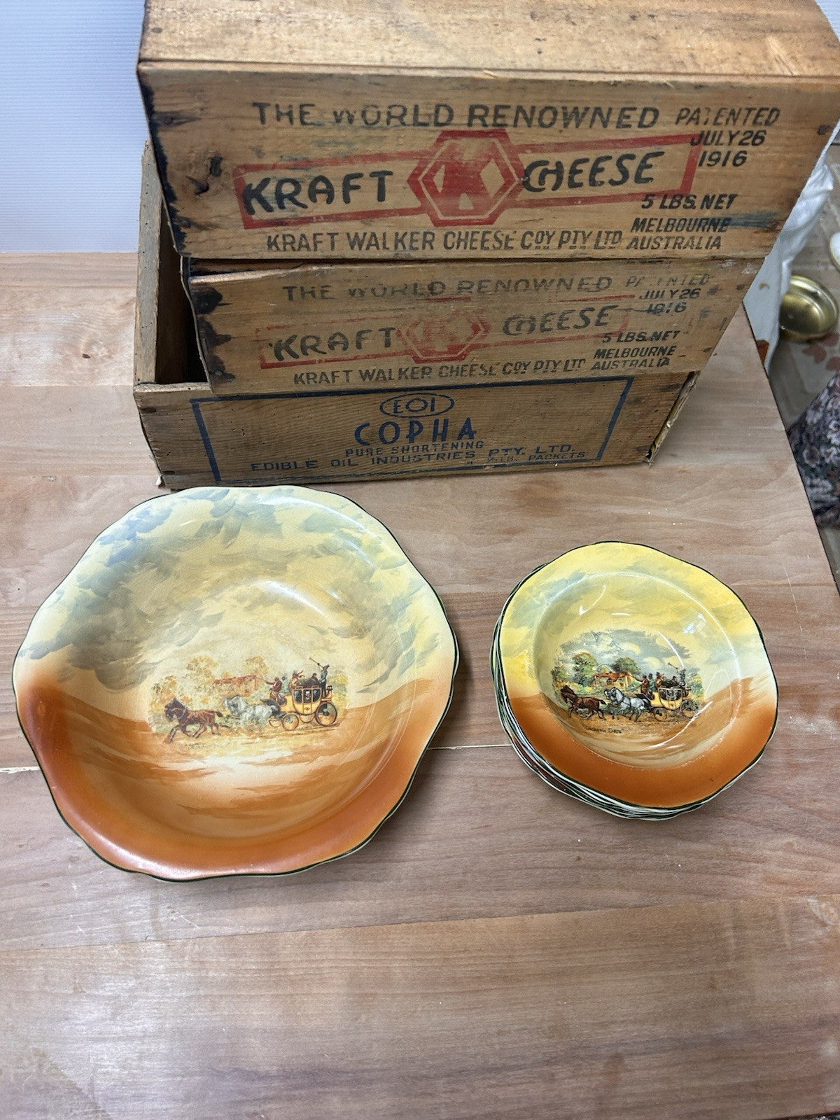 Empire Ware Dickens Days Bowl Set x6 Stagecoach Scene Vintage England