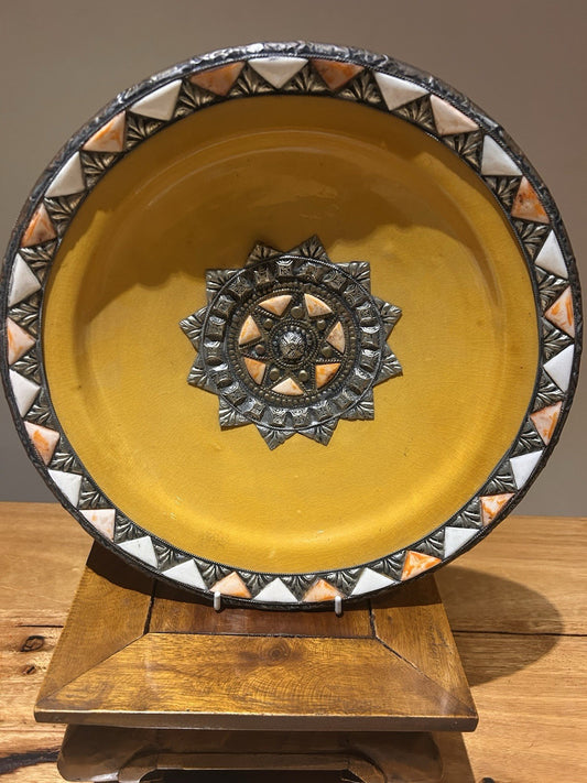 Large Moroccan Safi Plate 32cm Yellow Glaze Metal & Bone Inlay