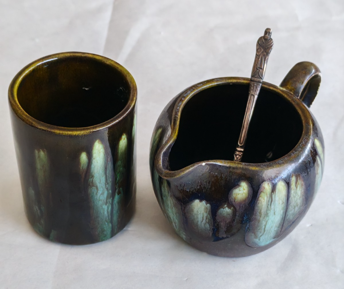 Vintage Studio Pottery Creamer & Utensil Jar Set – Hand Thrown – Signed