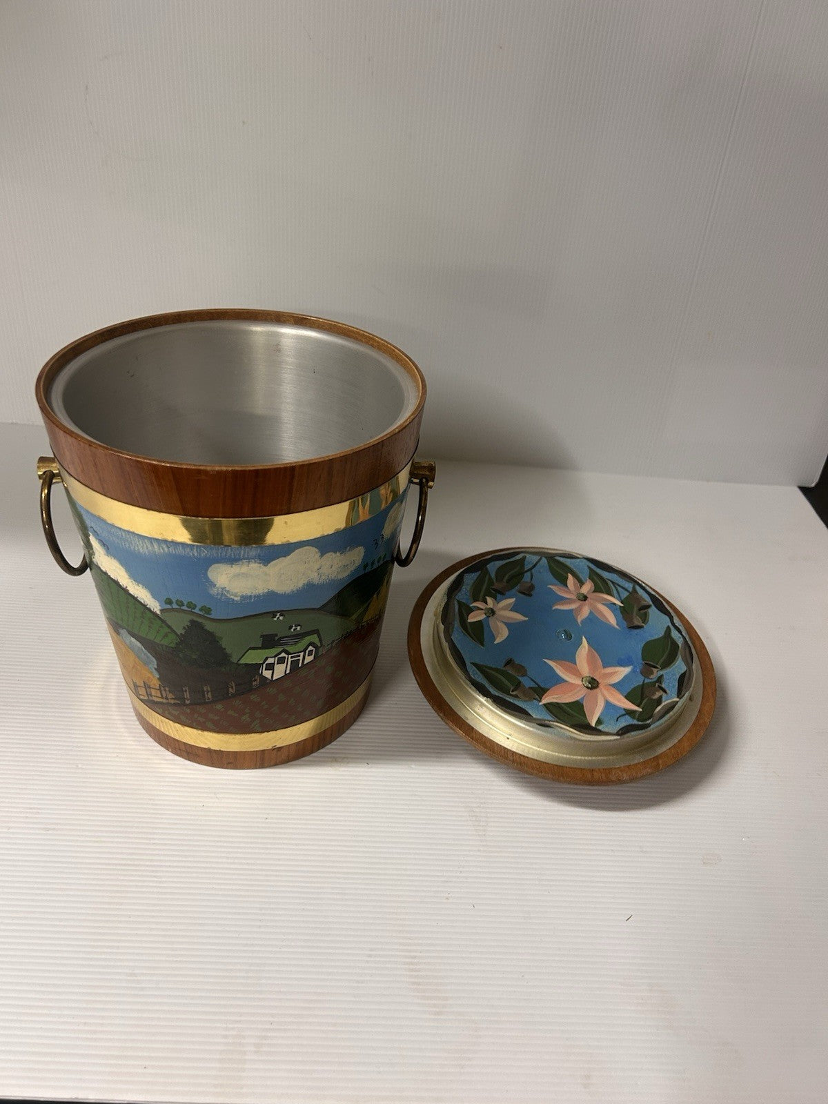 Mid-Century Ice Bucket Hand Painted Farm Scene Brass Trim