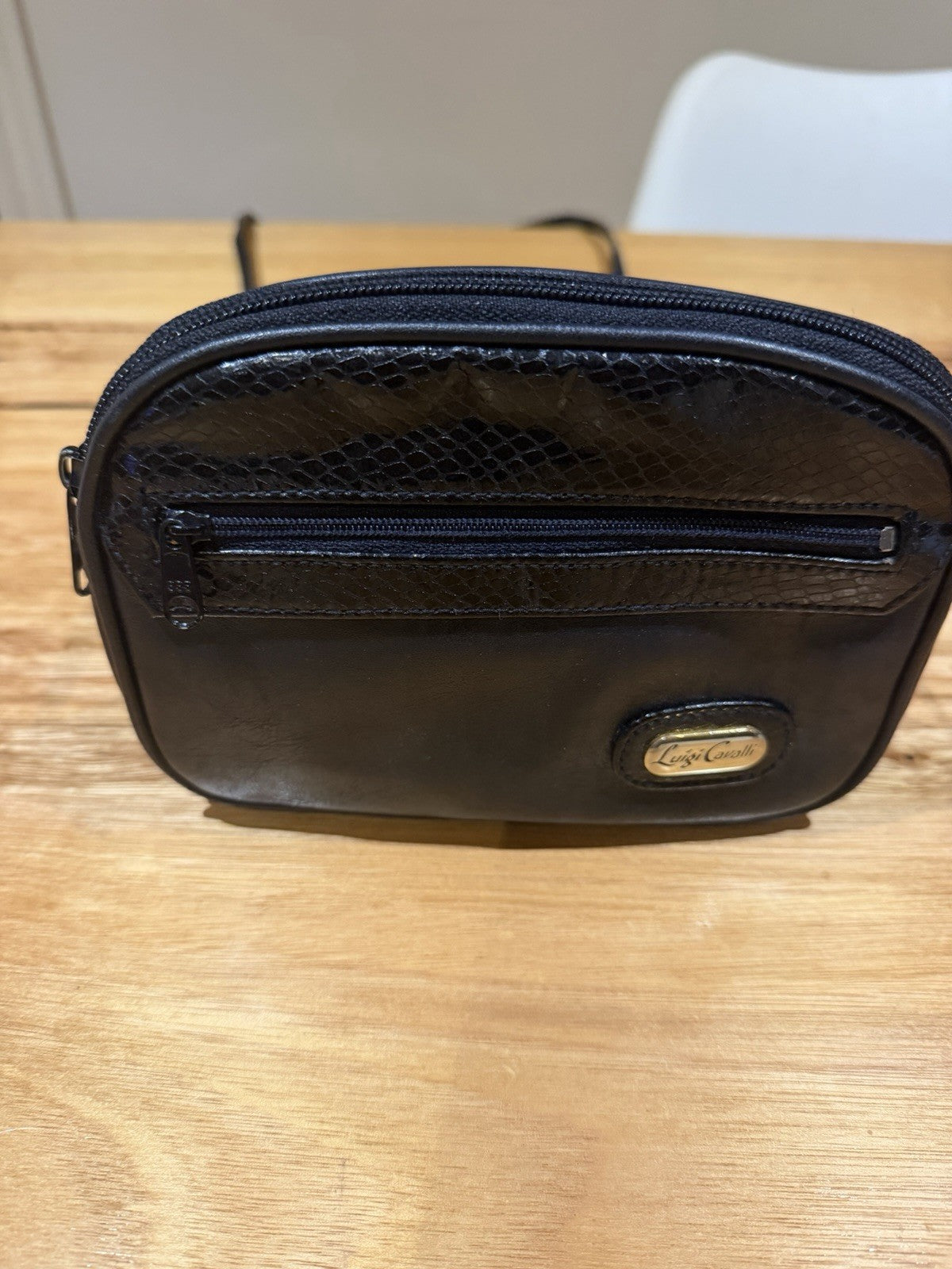 Vintage Luigi Cavalli Black Leather Crossbody Bag Snakeskin Style 1980s 90s