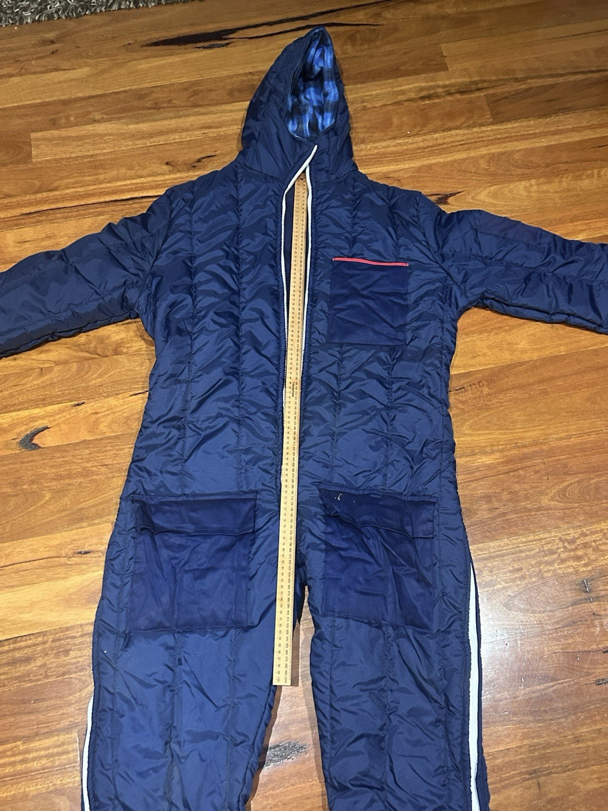 Vintage Aussie Ski Products Snow Suit Navy Blue Size L Hooded Retro 80s