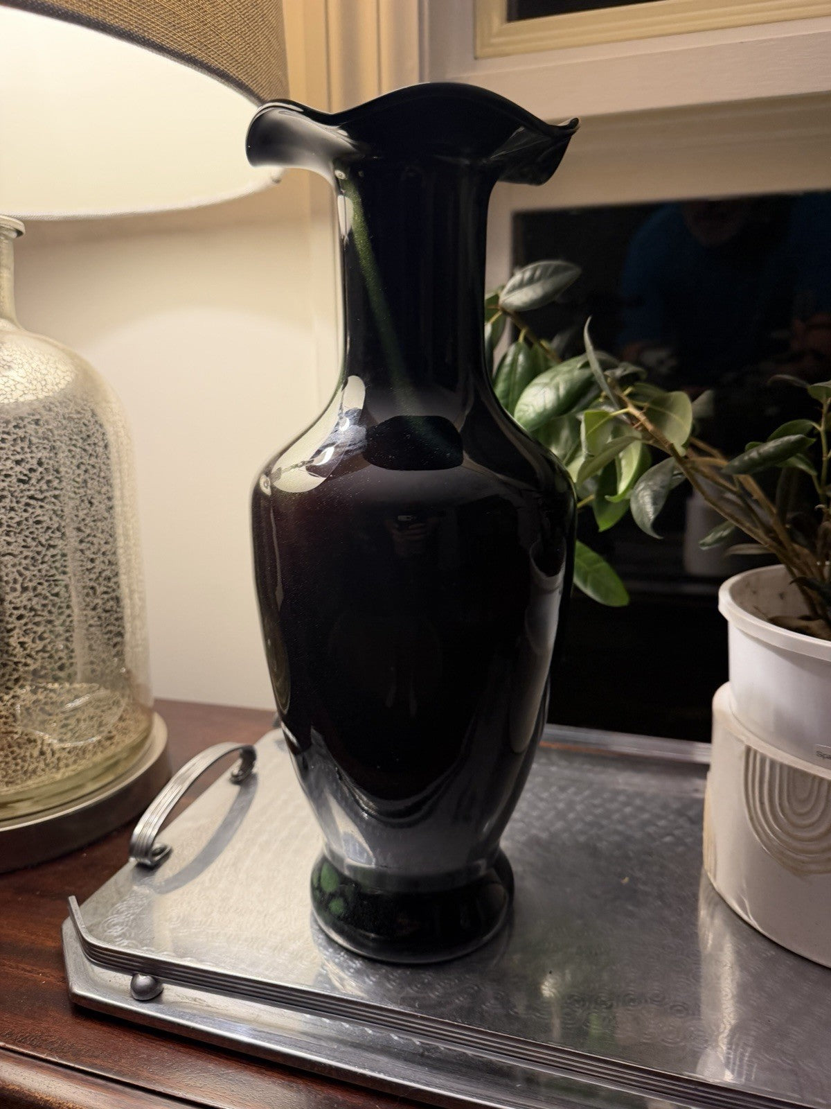 Large Black Green Aventurine Art Glass Vase Ruffled Rim 35cm Murano Style