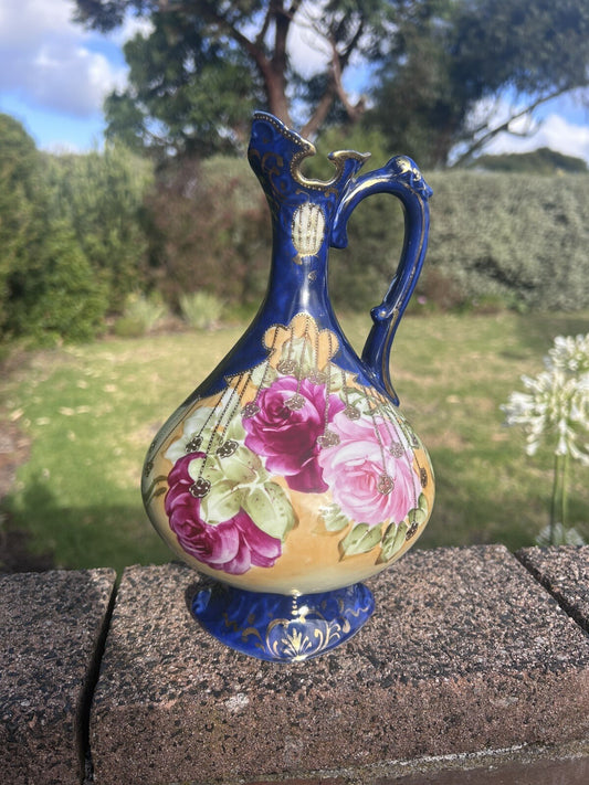 Detailed Japanese Gilded Hand Painted Blue Pitcher - 23 Cm Tall