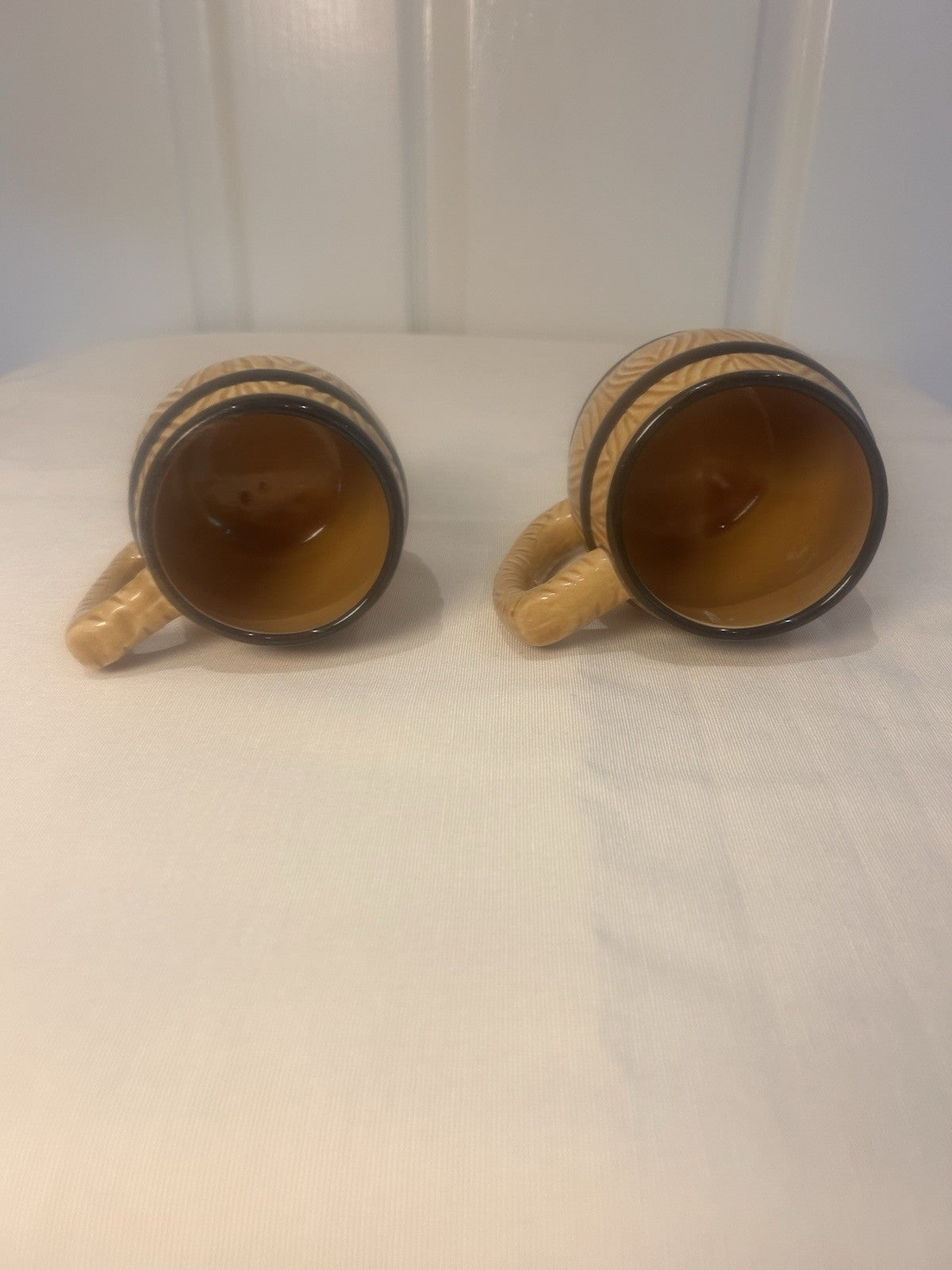 Vintage BARREL Mugs Pair – Japan Woodgrain Beer/Coffee Cups – 8cm & 9cm