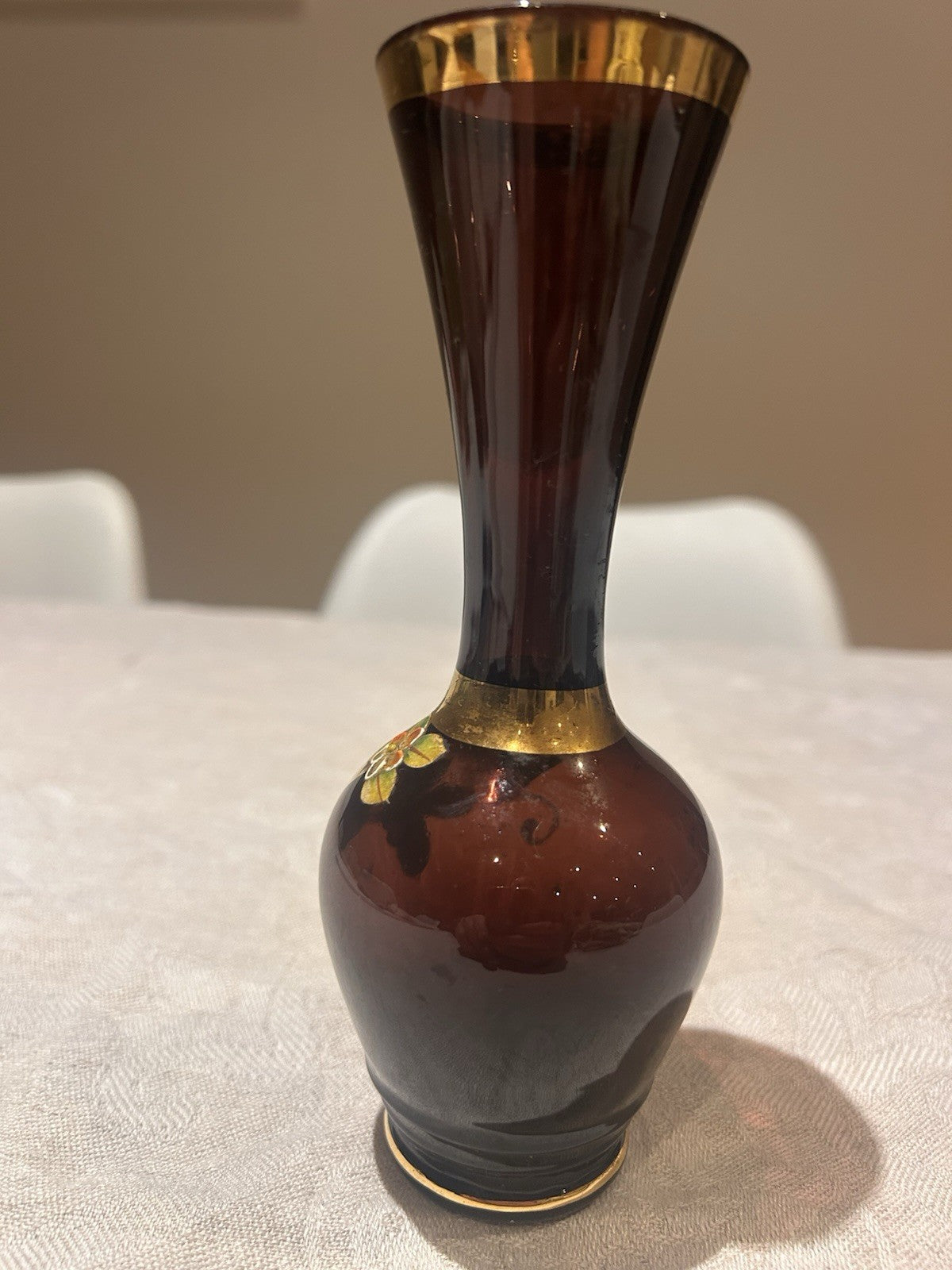 Early 20th Century Hand-Blown Ruby Glass Vase with Gilt & Enamel Floral