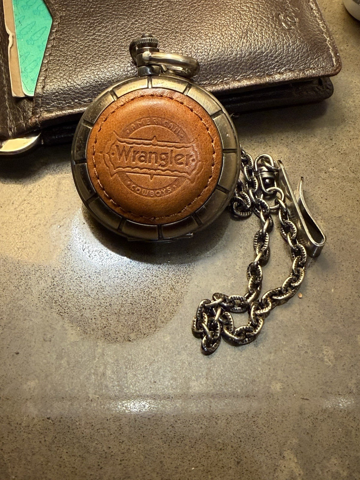 Wrangler Pocket Watch Quartz Date Leather Case Chain New Battery