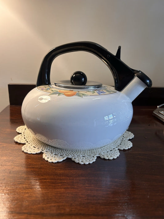 Vintage MIKASA Garden Harvest 2.5qt Whistling Tea Kettle Pot Stovetop Enamelware