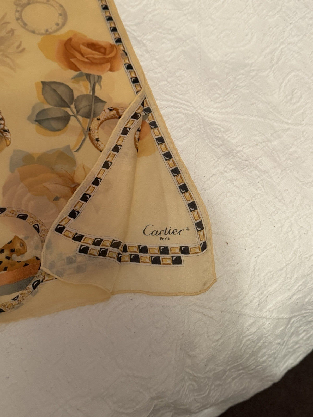 Vintage Cartier Paris Silk Scarf 162cm Panther Jewellery Roses Floral Stole