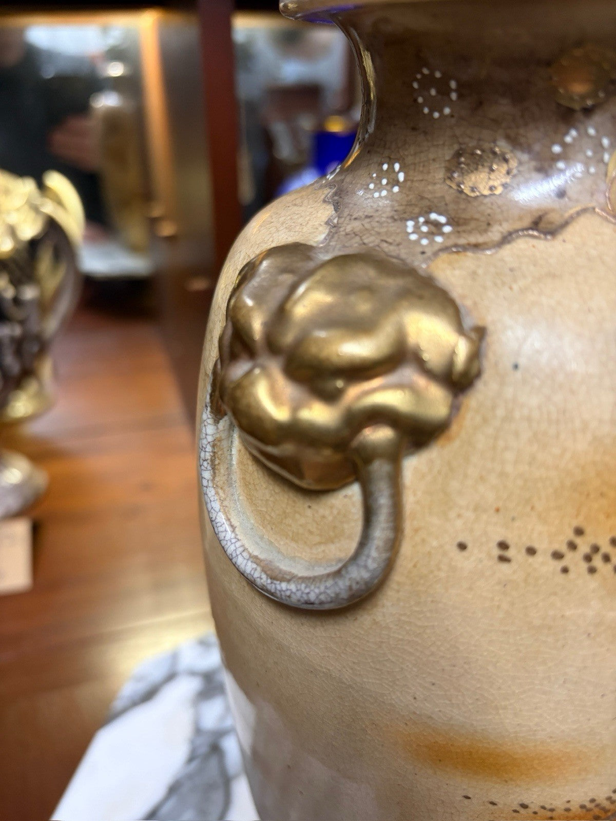 Antique Japanese Satsuma Style Vase 31cm Lion Mask Handles Meiji c1900-1920