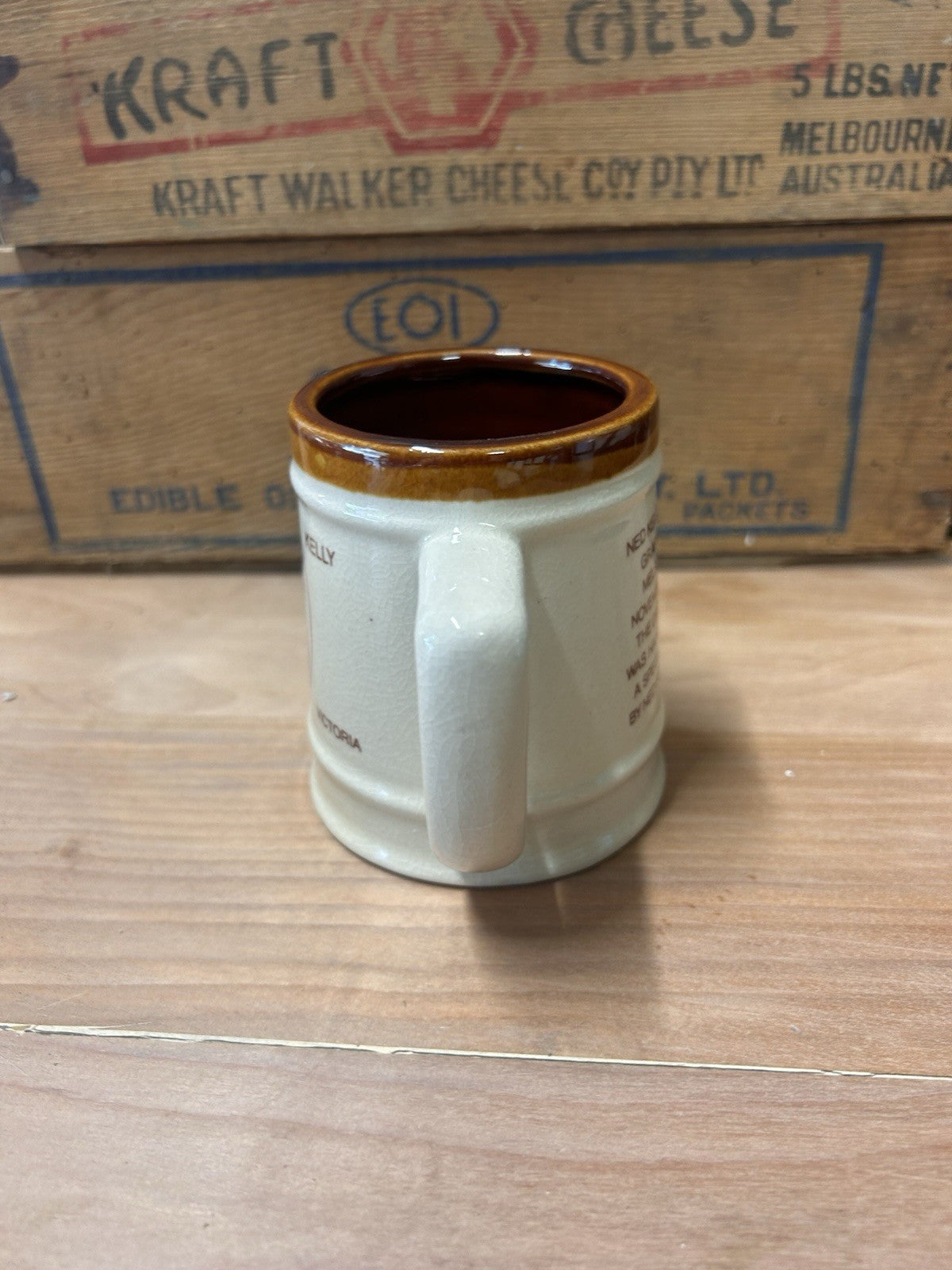 Ned Kelly Mug Glenrowan Victoria 1980s Pottery Brown Rim Gaol Quote