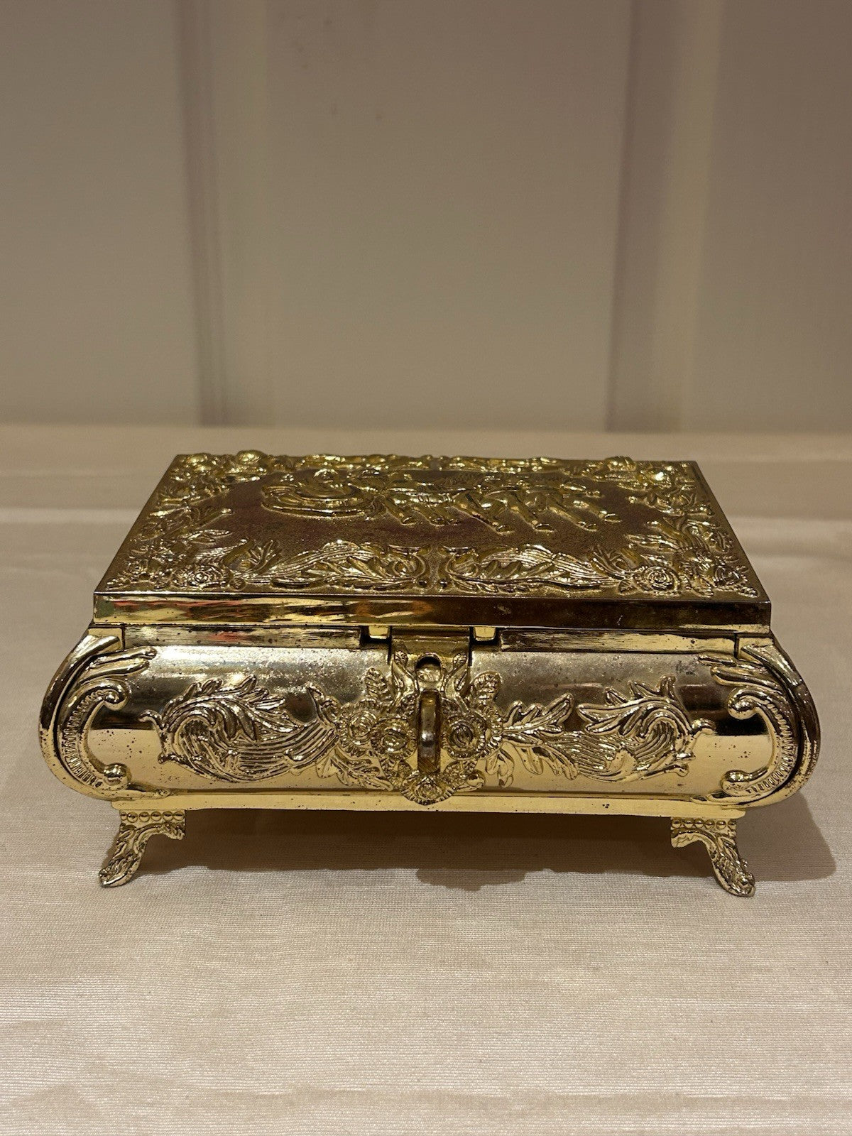 Ornate Gold Tone Metal Jewellery Casket Velvet Lined Footed Trinket Box