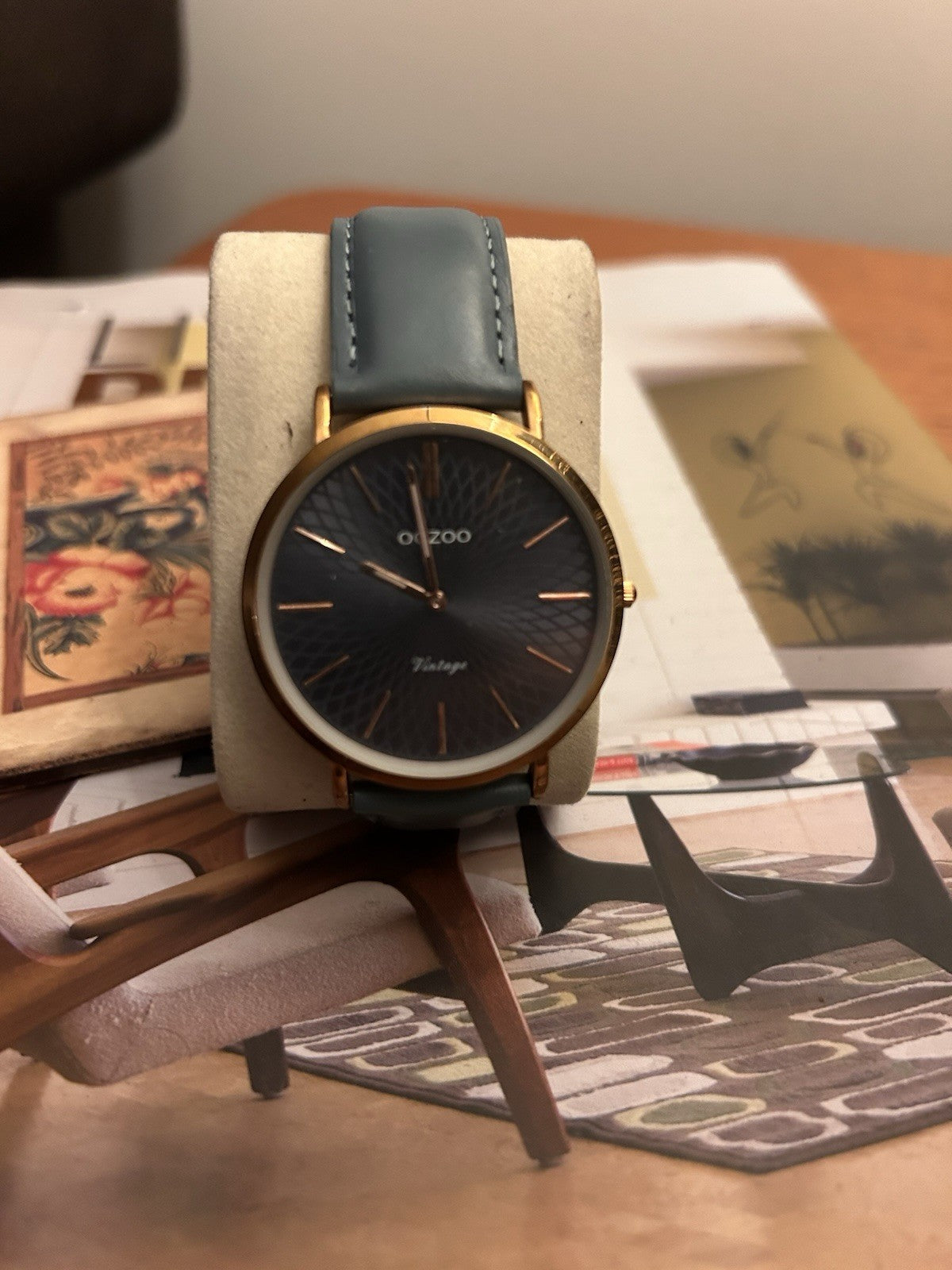 OOZOO Vintage Rose Gold Watch Blue Dial Leather Strap New Battery