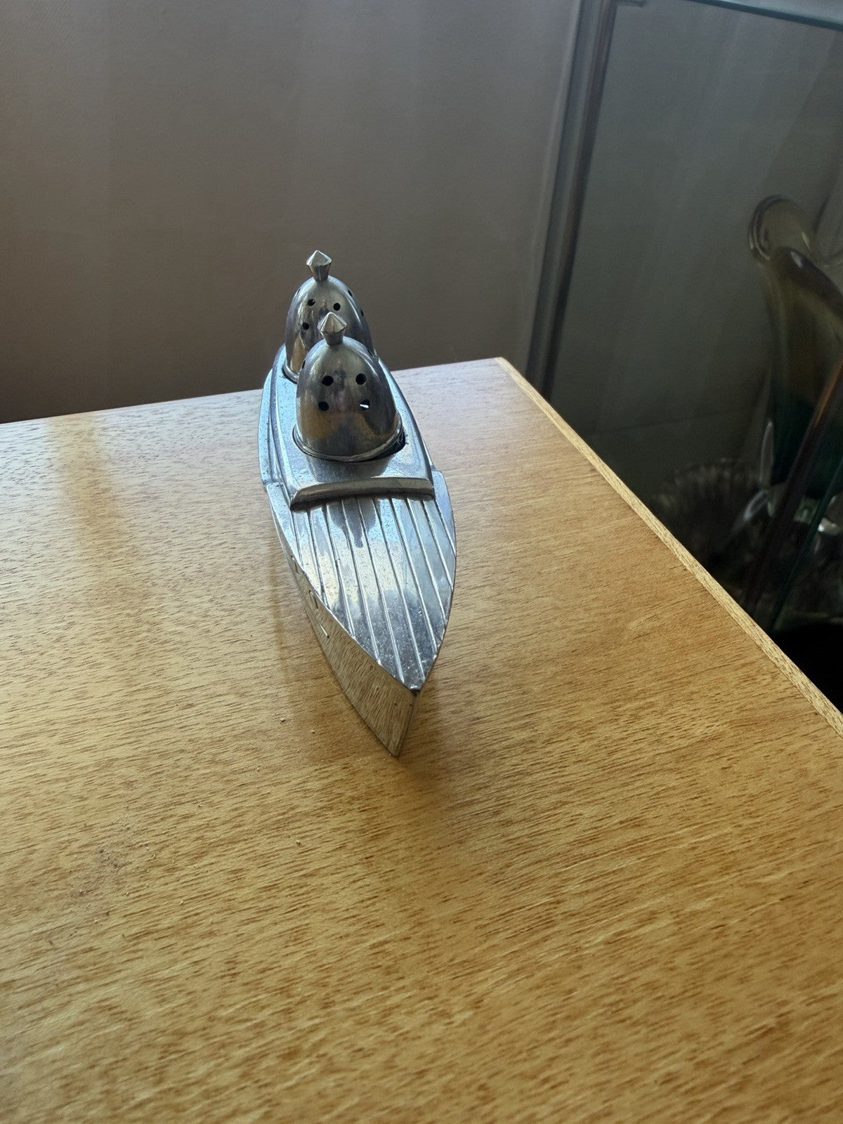 Vintage Art Deco Speedboat Salt Pepper Shakers Glass Chrome Cruet Set