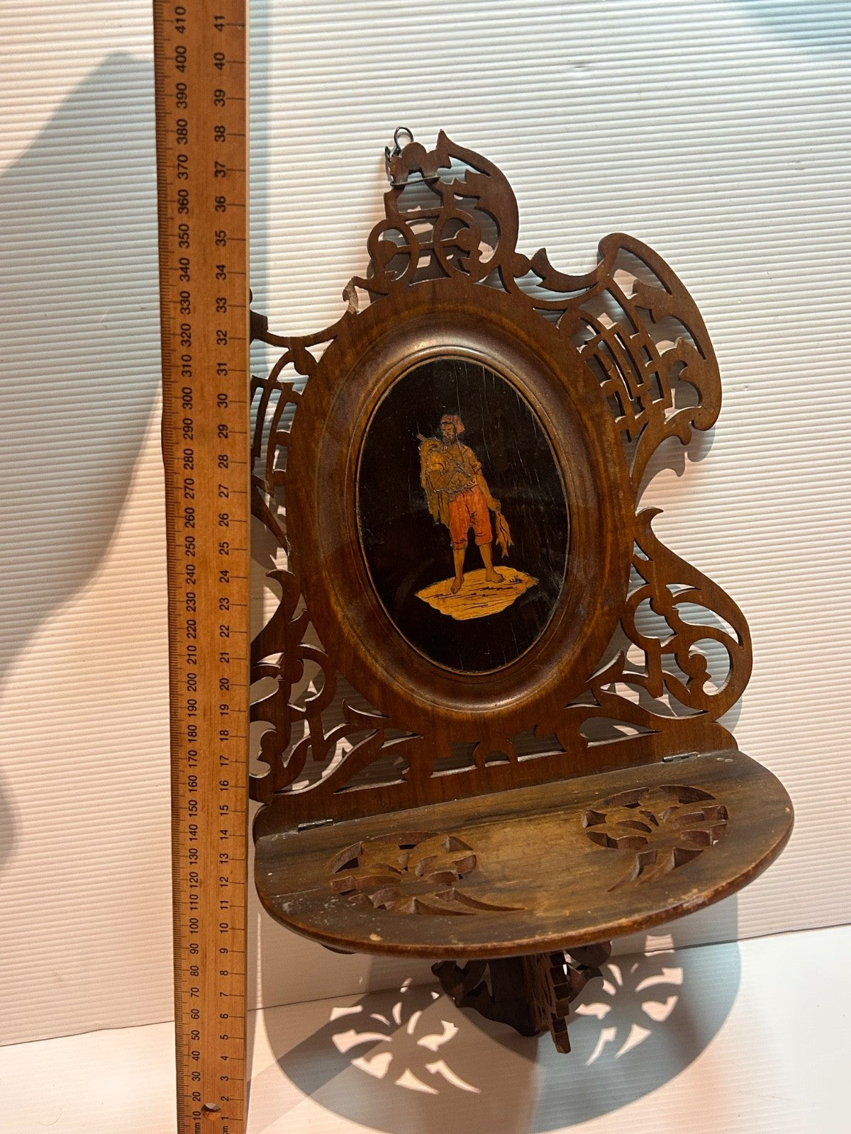 Antique Victorian Fretwork Wall Shelf with Painted Figure c.1890s