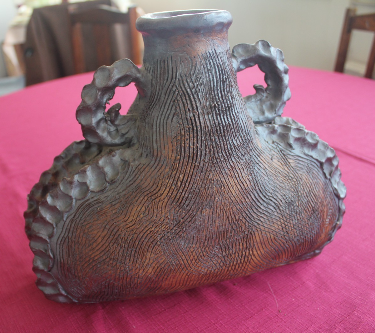 Vintage Brutalist Studio Pottery Sculptural Vase – Hand Incised Stoneware c1970s
