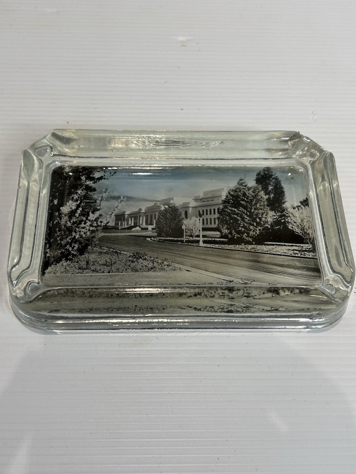 Vintage Glass Ashtray Parliament House Canberra Souvenir 1950s Reverse Paint