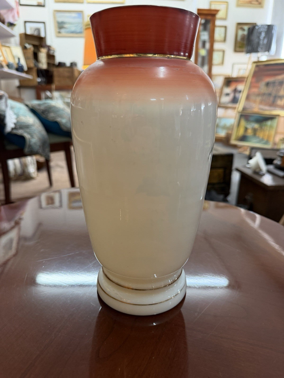 Antique Hand Painted Satin Glass Vase Cranberry Rim Floral Art Glass 25cm
