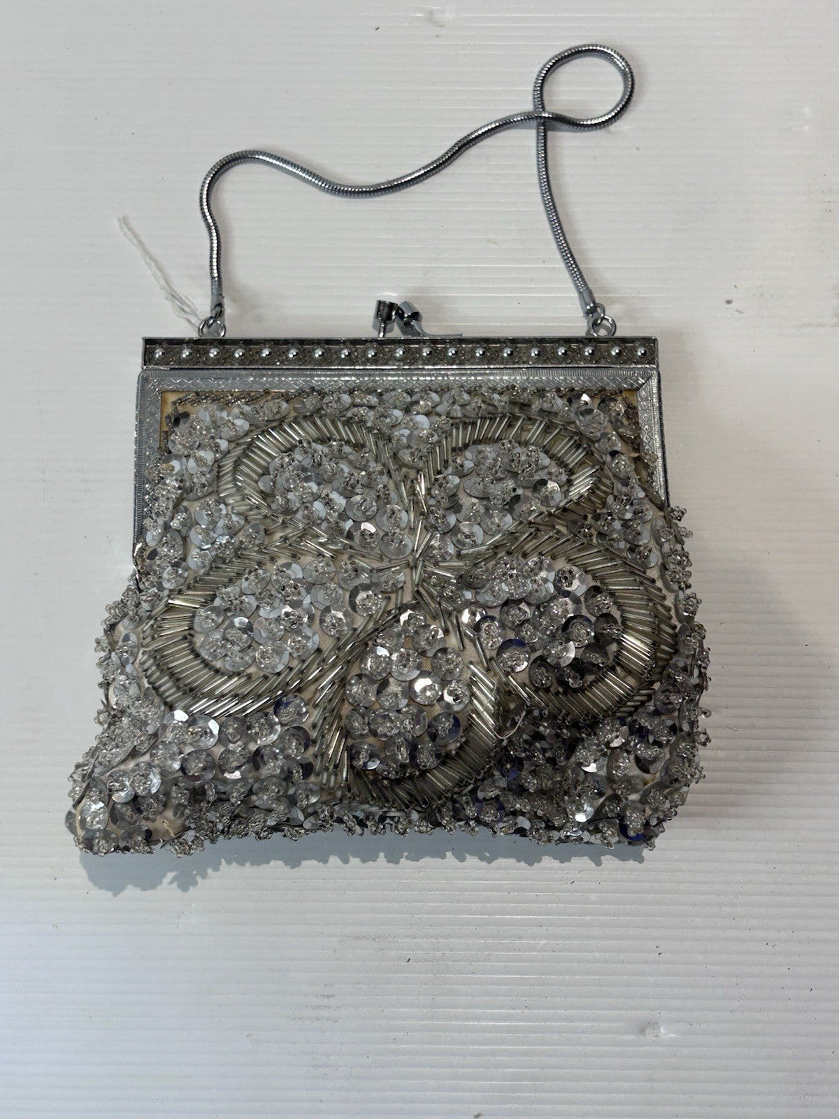 Vintage Beaded Evening Bag Handmade in Hong Kong Silver Sequins Purse