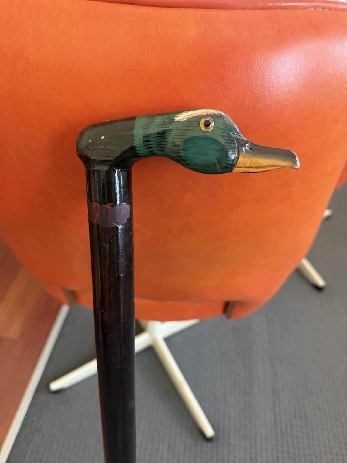 Vintage Hand Painted Duck Head Walking Stick Cane 95cm Folk Art Wooden