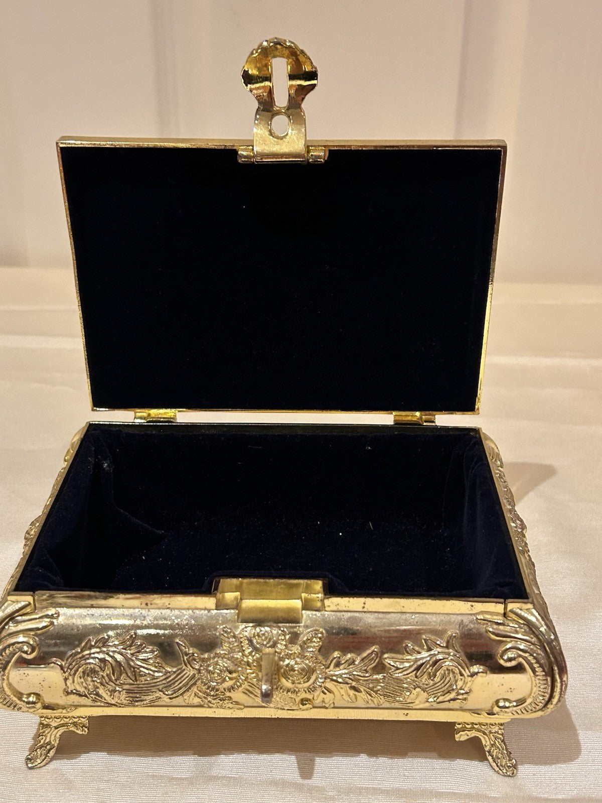 Ornate Gold Tone Metal Jewellery Casket Velvet Lined Footed Trinket Box
