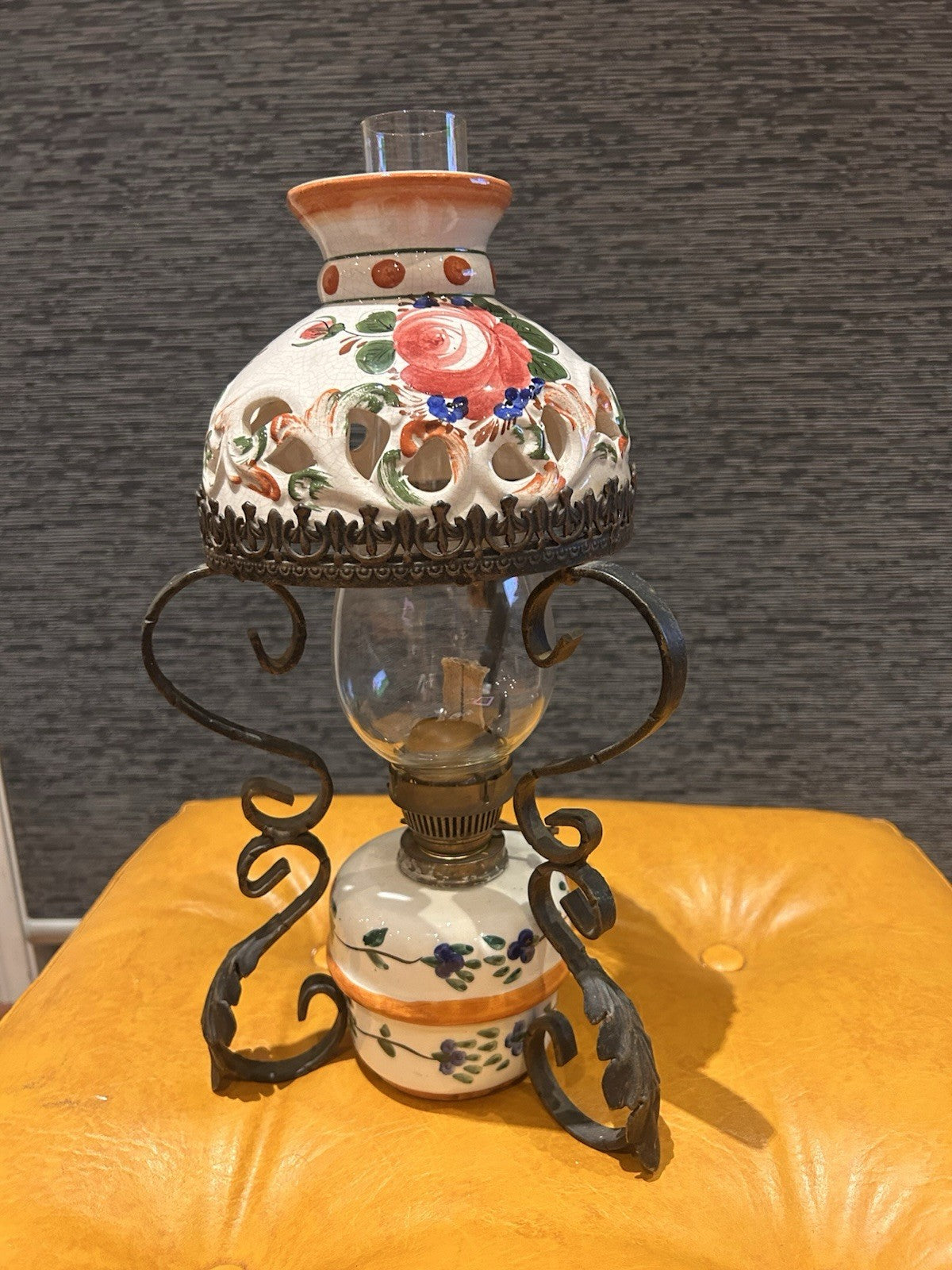 Vintage Italian Style Ceramic & Wrought Iron Oil Lamp – Tuscan Revival 1970s