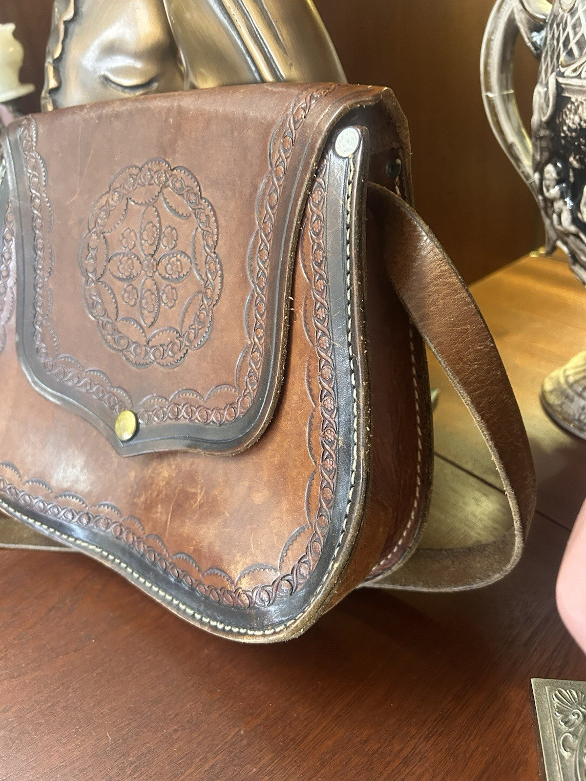 Vintage Tooled Leather Saddle Bag Crossbody Satchel Boho Western Brown