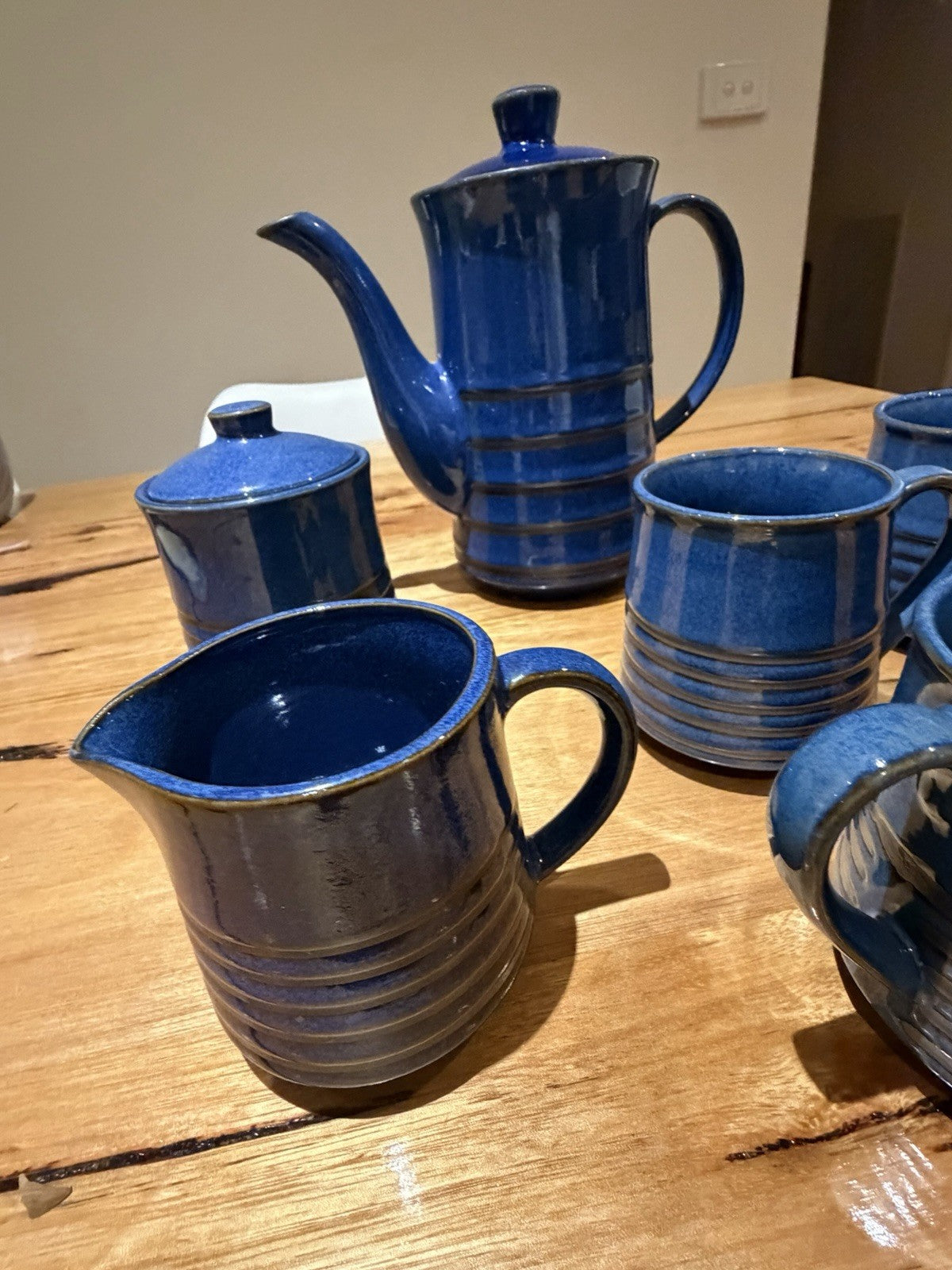 Mid Century Japanese Blue Pottery Coffee Set Teapot Mugs Creamer 1960s 7pc