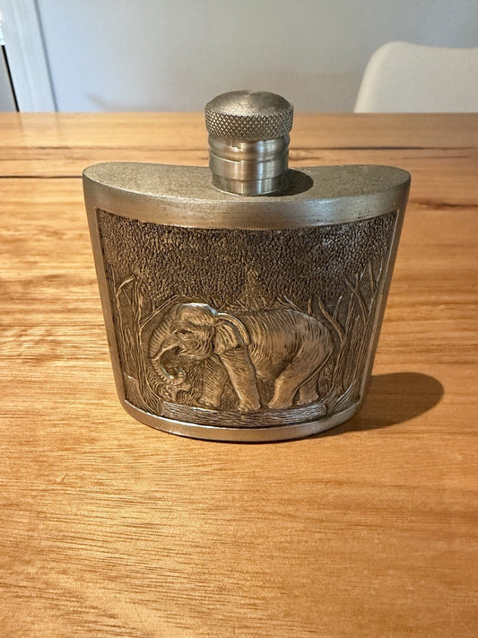 Vintage P.D. Pewter Elephant Hip Flask Raised Safari Wildlife Design