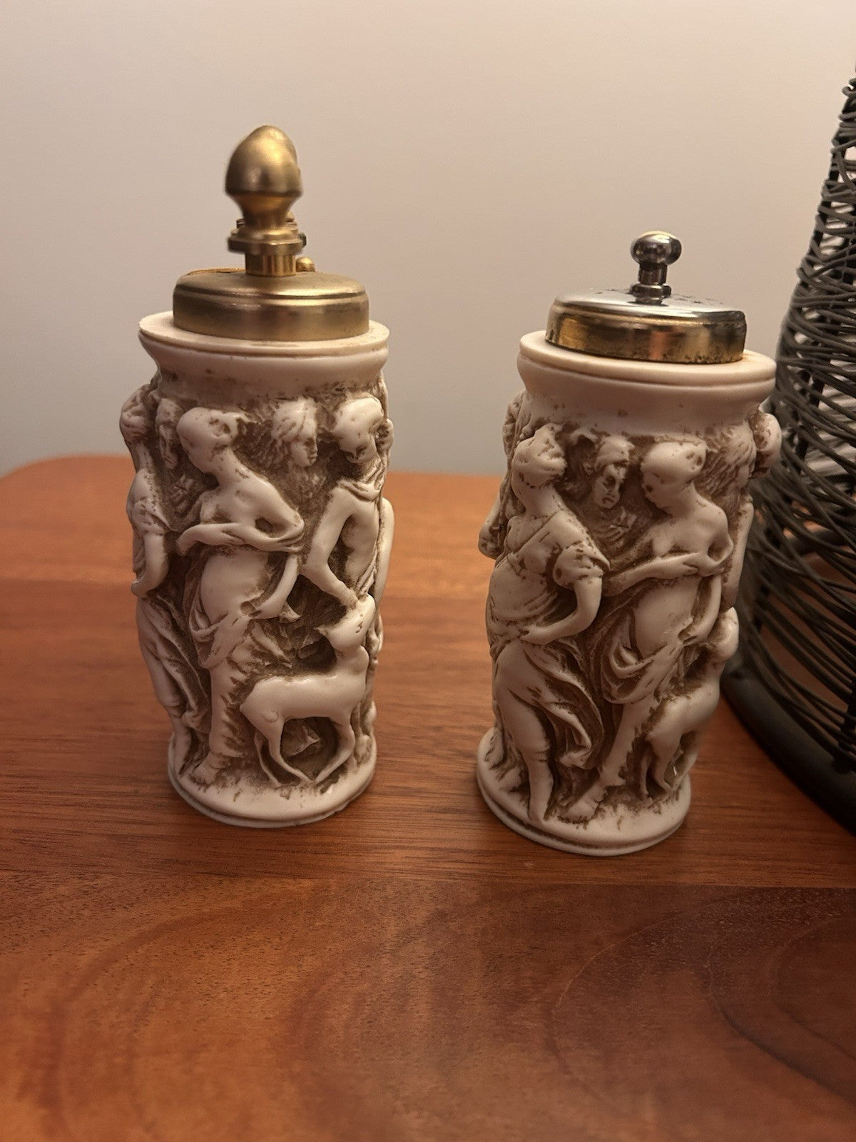 Vintage Cherub Relief Salt Pepper & Pepper Grinder Set Brass Top